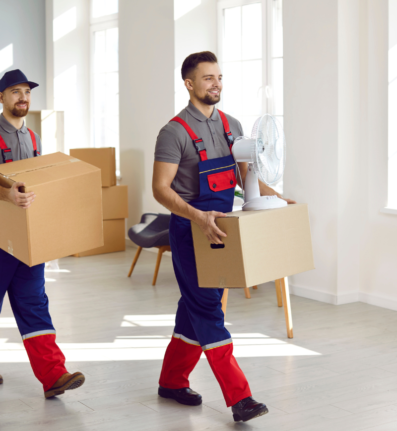 Moving company workers carrying boxes